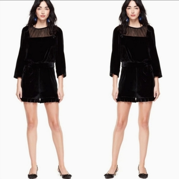 NWT Kate Spade Black Velvet 3/4Sleeve Ruffle Romper - Picture 1 of 8